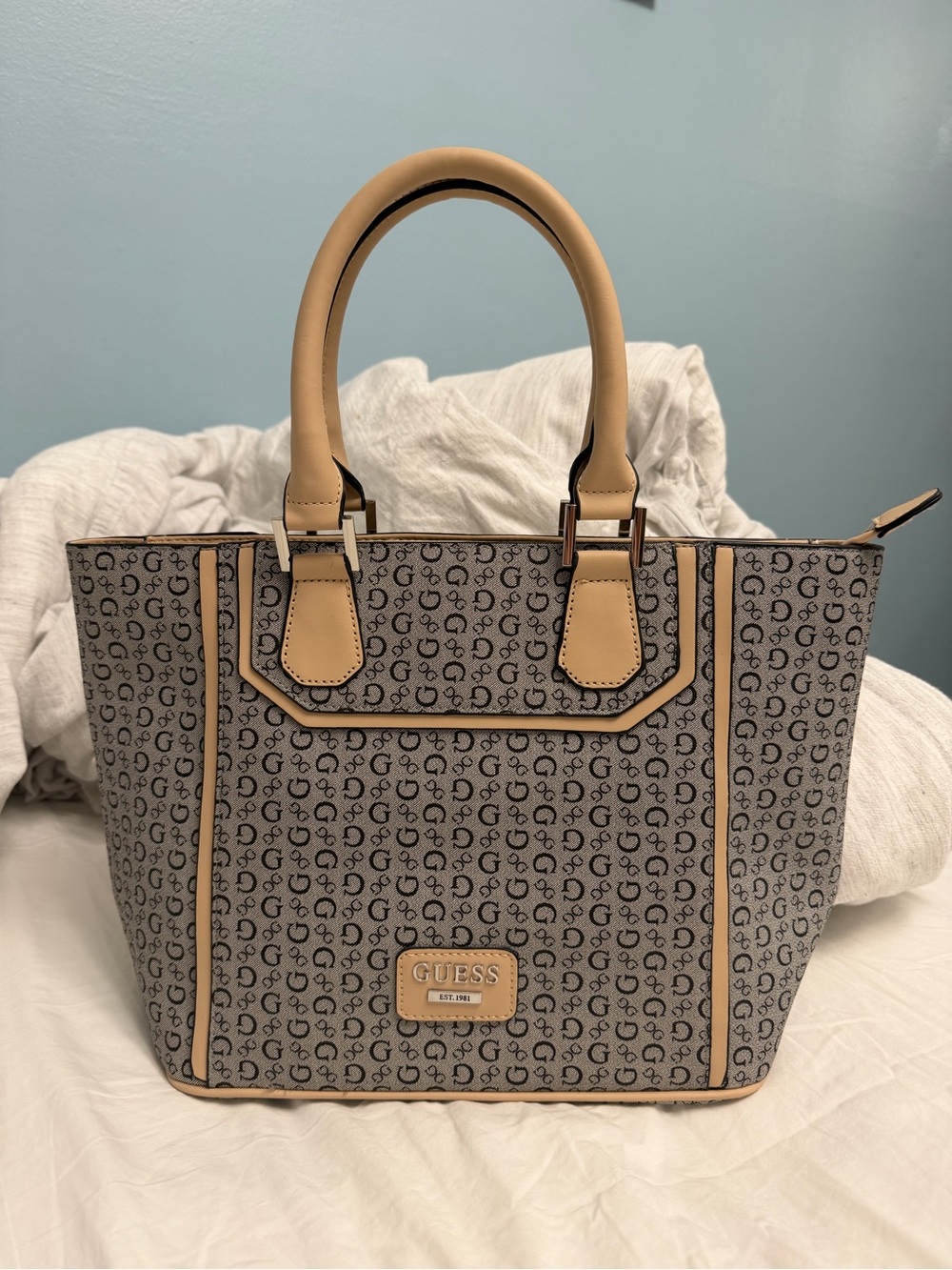 GUESS Gray Monogram Satchel Tote Bag